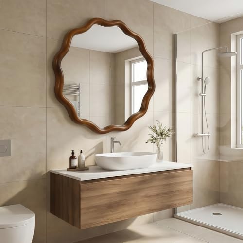 36" Wavy Round Wall Mirror with Solid Wood Frame, Country Irregular Decorative Mirror for Bathroom, Bedroom, Living Room & Entryway, HD Tempered Glass, No Distortion Vanity Mirror (Walnut,36“) - color: Walnut, size: 36"L x 36"W