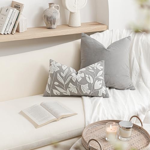 BlissBlush Lumbar Pillow Cover 12x20 Inch, Light Gray Floral Tufted Velvet Decorative Accent Pillow Case for Sofa Bed Living Room, Cover Only - color: Light Gray, size: 20" x 12" (Pack of 1)