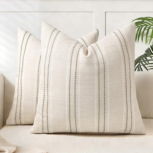 AELS 18x18 Decorative Farmhouse Linen Blend Throw Pillow Covers, Boho Textured Pillow Case, Set of 2, Beige with White & Brown Stitch Yarn Dyed Stripe Cushion Cover for Sofa Living Room (Cover ONLY) - color: Beige With White & Brown, size: 18" x 18" (Pack
