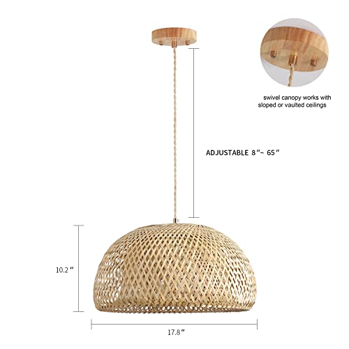 Bamboo Large Pendant Light Fixture 17.8 inch One-Light Adjustable Rustic Basket Handmade Woven Pendant Lighting for Kitchen Island Farmhouse Dining Room Living Room - color: Natural