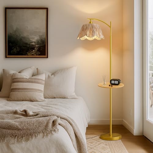 Oneach Floor Lamp with Table for Bedroom, Boho Standing Lamps with Foot Switch, Farmhouse Floor Lamp for Living Room, Arc Rattan Lamps with Gold Metal Base & Pole, Ideal for Home Décor - color: Gold and Wood