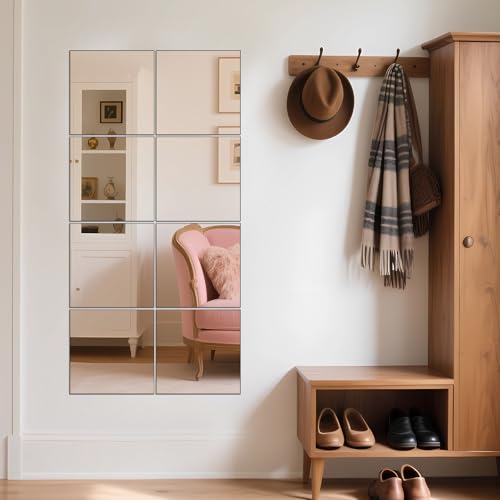 Ruomeng Full Length Mirror Tiles - 12 Inch x 8Pcs Frameless Wall Mirror Full Body Mirror for Home Gym Vanity Bedroom, Living Room - size: 12"x12"-8pcs