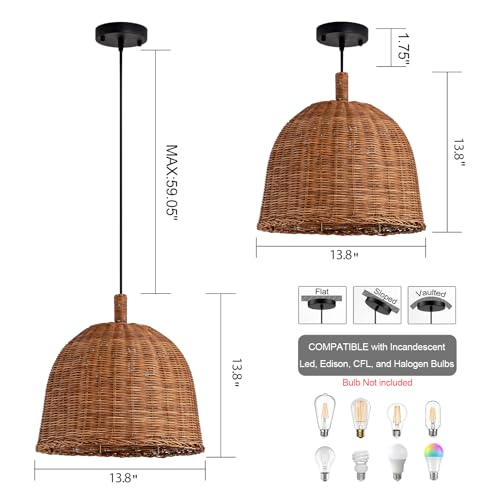 Rattan Pendant Light 13.8" Hand Weaving Wicker Dining Room Light 3-Light Boho Bracket Hanging Chandelier Fixture for Living Room Bedroom Kitchen Island Entry Hallway Farmhouse - color: Brown-13.81IN