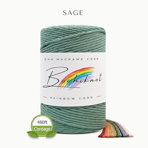 BOCHIKNOT Single Strand Macrame Cord 5mm x 160yds (150m) – Soft Cotton Macrame Rope for Beginners, Easy to Knot for Wall Hangings, Plant Hangers, Fringe and DIY Crafts (Sage) - color: Sage, size: (5mm x 146m) - Single Strand Twist