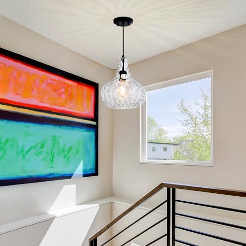 11" Blown Hammered Glass Pendant Light – Matte Black Ceiling Light for Kitchen Island, Dining Room, Hallway – E26 Base Hanging Fixture - color: Black