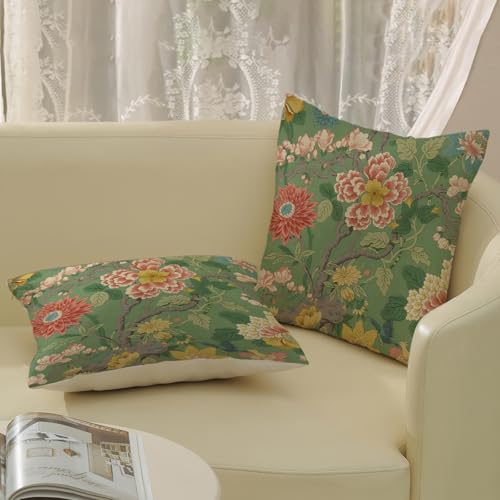 Chinoiserie Throw Pillow Covers 16x16 Inch 2 Pcs Sage Green Pink Floral Decor Pillow Covers Vintage Flower Spring Summer Outdoor Boho Decorative Pillowcase Linen Cushion Cover for Couch - color: Chinoiserie Green Pink Floral, size: 16" x 16" (Pack of 2)