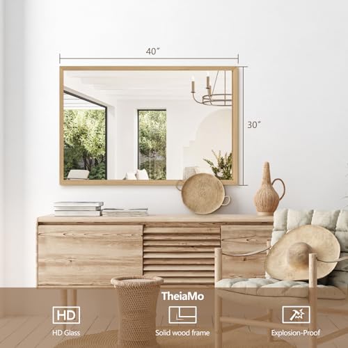 40"x30" Bathroom Mirror with Natural Wood Frame for Wall, Large Rectangle Vanity Mirror Rustic Farmhouse Decor Mirror, Anti-Rust Explosion-Proof, Hangs Horizontally or Vertically, Solid - color: Solid, size: 40"L x 30"W