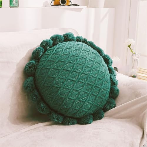 Byitre Bohemian Round Pillow 20 Inch | 100% Cotton Decorative Pillow Hand Tufted with Chunky Textured Poms | Boho Throw Pillow for Bed or Couch | Natural Dark Green Throw Pillow - color: Lattice Dark Green