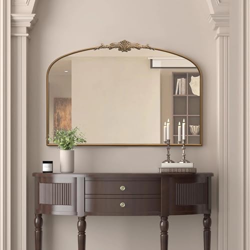 Besdomus Vintage Arched Gold Mirror: 48"x33" French Oversize Brass Antique Vanity Decorative Mirror - Baroque Traditional Ornate for Entryway/Fireplace/Bathroom - Home Decor for Fashion-Conscious - color: Brass Gold, size: 33"L x 48"W