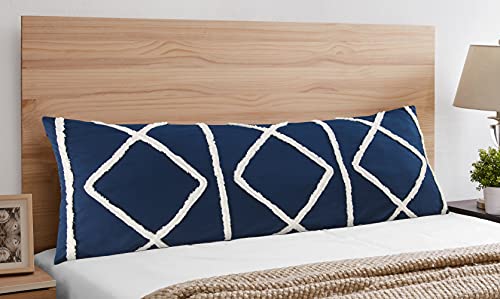 Bohemian Boho Chic Dark Navy Blue and Ivory Macrame Tufted Tassel Accent Decorative Couch Long Throw Zipper Body Pillow Cover Case 54x20 Solid Textured Minimalist Fringe Farmhouse Geometric Room Decor - color: Navy Tufted