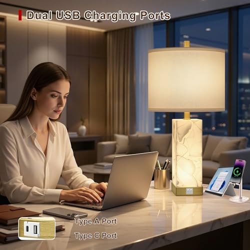 Scenekoy 23" Alabaster Table Lamps Set of 2 for Living Room Bedroom, Bedside Lamps with USB A+C Ports, Modern Table Lamp with Linen Shade for Living Room Bedroom Nightstand (Bulbs Included) - color: White-2