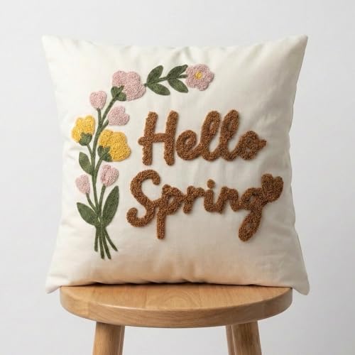 Hello Spring Tufted Pillow Cover with Embroidered Wild Flowers, Textured Floral Botanical Canvas Throw Pillow Case for Boho Easter Family Welcoming Decoration, 18x18 inches, 1PCS (Cover Only) - color: Hello Spring, size: 18" x 18" (Pack of 1)