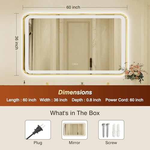36x60 Inch LED Bathroom Mirror with Gold Frame,Front and Backlit Vanity Mirror, Stepless Dimmable Wall Mirrors with Anti-Fog, 3 Colors, Memory, Waterproof, LED Smart Bathroom Mirror - color: Gold, size: 36"L x 60"W