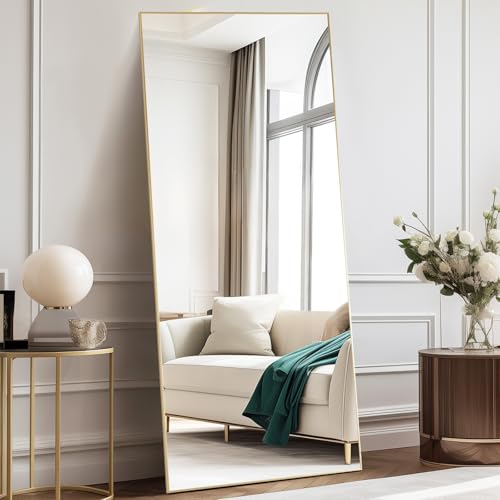 DUMOS 70.4"x25.6" Full Length Mirror with Stand, Floor Body Mirrors Shatter-proorf Nano Glass with Aluminum Frame, Free Standing or Hanging Leaning, Modern Simple for Home Decor, Gold - color: Gold-rect Edge, size: 70.4"L x 25.6"W
