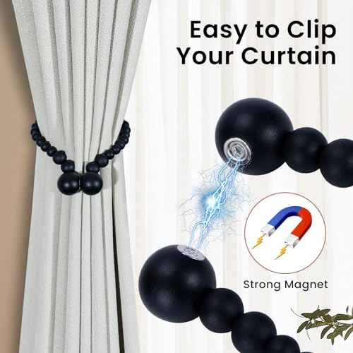 KLOGTSIND Magnetic Curtain Tiebacks, Curtain Tie Backs for Curtains 2 Pack, Wood Bead Curtain Tiebacks, Curtain Holders for Boho Bedroom Decor, Baby Nursery Decor, Farmhouse Decor - color: Black