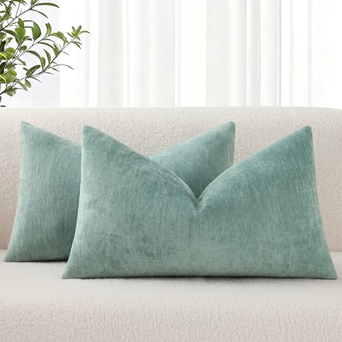 decorUhome Chenille Aqua Haze Throw Pillow Covers 12x20 Inch Set of 2, Decorative Soft Couch Pillow Covers Solid Dyed Accent Farmhouse Neutral Rectangle Pillow Cases for Sofa - color: Aqua Haze, size: 20" x 12" (Pack of 2)
