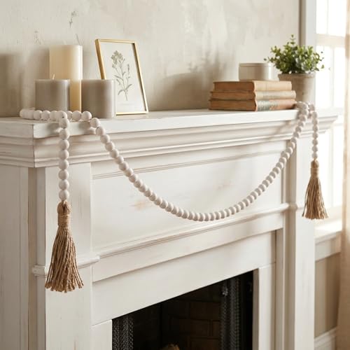 RGB World Farmhouse Beads Long Length Solid Wood Bead Boho Tassel Garland - Rustic Country Solid Beaded Boho Chic Decor for Wall, Above Cabinet & Table