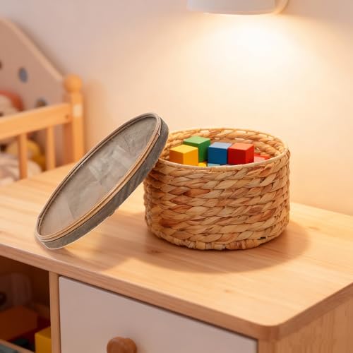 Small Water Hyacinth Storage Basket with Wooden Lid, 7.45" D x 4.1" H Handwoven Round Organizer for Bathroom Vanity, Desk Drawer & Countertop (Small) - size: Small