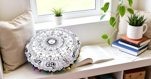 Round Mandala Floor Pillow Cover Seating Cushion Throw Cover Hippie Decorative Bohemian Ottoman Pouf Cover, Pom Pom Pillow Cases,Boho Indian 32 Inches Black and White Zodiac - color: Black/White Zodiac, size: 32" Round