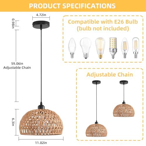 Rattan Pendant Light, 11" Boho Dome Dining Room Chandelier, Brown Woven Kitchen Pendant Lighting over Island, Coastal Wicker Light Pendant Hanging Light Fixture for Nursery Entryway Bedroom, E26 Base - color: 11" Brown