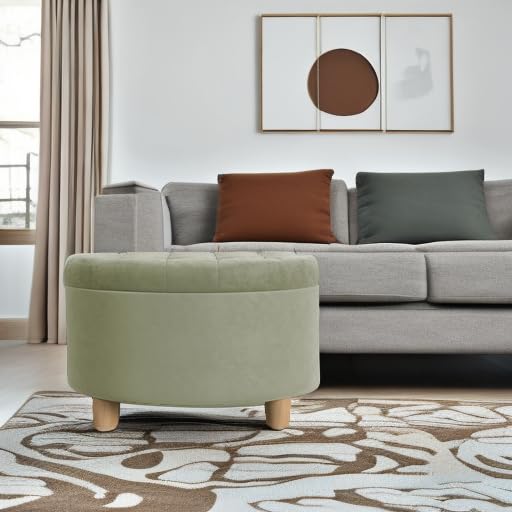 HomePop 28" Button Tufted Velvet Round Storage Ottoman - Light Sage Green Velvet - color: Light Sage Green Velvet