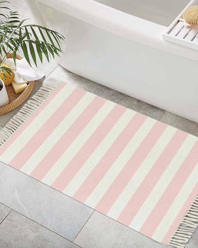 Pink Stripes Bathroom Rug 2'x3', Woven Cotton Area Rug with Tassels Washable Front Door Rugs, Farmhouse White Simple Vertical Striped Non Slip Throw Runner Rug Carpet for Entry Laundry Kitchen - color: Pink, size: 2 x 3 ft