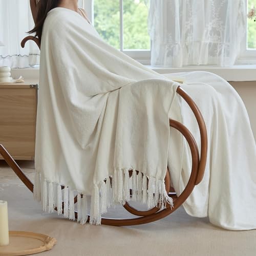 Simple&Opulence Soft Chenille Throw Blanket 50'' x 60'' - Cozy Fluffy Blanket with Fringe Tassel, Farmhouse Boho Blankets for Couch Bed Office Chair Gift Home Decor All Season Use, Cream - color: Cream