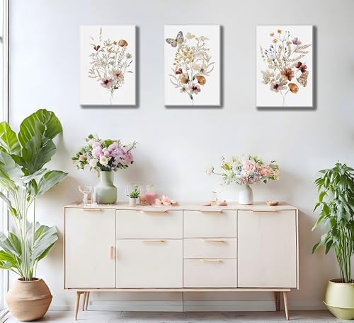 3Psc Watercolor Wildflower Framed Canvas Wall Art Vintage Botanical Flower Wall Decor Modern Minimalist Colorful Botanical Floral Poster Print Artwork for Girls Room Bedroom Office Decoration 12x16 Inch - color: SANLIANYEHUA, size: 16"L x 12"W