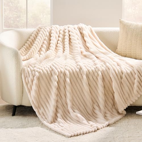 Cream Striped Throw Blanket, 330GSM Soft Plush Fleece Blanket for Couch Sofa Travel, Decorative Cozy Giftable Home Blanket, 50x60 Inches - color: Cream, size: Throw(50"x60")