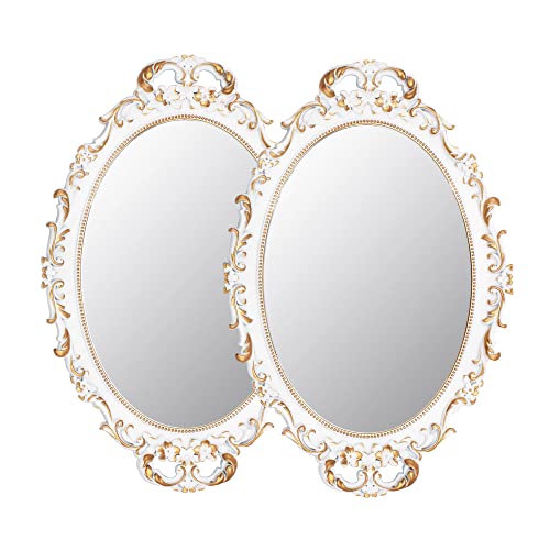 Tstarer 2 Pack - Vintage Decorative White Framed Mirror, Wall Hanging Mirrors & Tabletop Tray for Bedroom Living Room Dresser Decor, Oval- 9.6" W x 14.3" L (WHITE-2PACK) - color: White-2pack