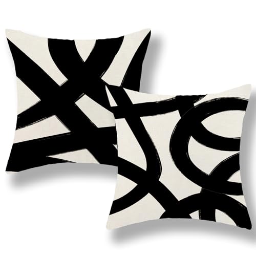 Black And Cream Pillow Covers 16x16 Set Of 2 Geometric Abstract Modern Art Line Throw Pillow Covers Boho Minimalist Style Decorative Pillowcase Linen Cushion Case Decoration For Home Sofa Outdoor - color: Art Line 2, size: 16" x 16" (Pack of 2)
