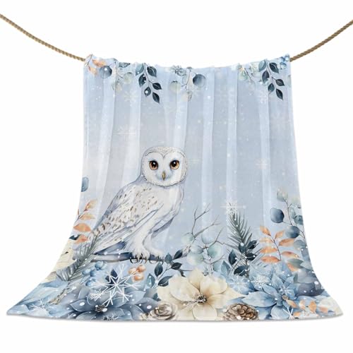 Blue Christmas Throw Blankets, Winter Snowy Owl Poinsettia Eucalyptus Leaves Soft Fleece Blanket Decorative for Home Sofa Couch Chair Living Bedroom,40x50 Inches, - color: Christmas-lxm13105, size: 40x50 Inch