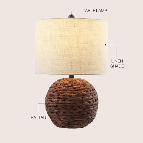 JONATHAN Y 21.5" Dark Brown Modern Coastal Woven Rattan Globe LED Table Lamp for Bedroom, Oatmeal Linen Drum Shade, LED Bulb Included, Rustic Bedside Lamp for Living Room (JYL6514B) - color: Dark Brown