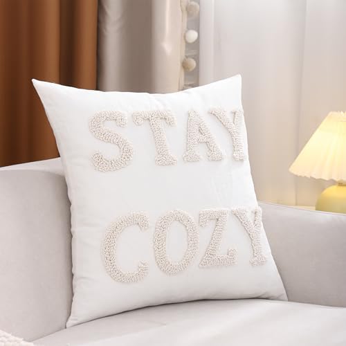 LUOYEHK Embroidered Stay Cozy Pillow Covers 20x20 Inch Decorative Throw Pillow Covers Natural Farmhouse White Square Pillow Cases Cushion Covers for Couch Sofa Bed Living Room Spring Decor (1 Piece) - color: Stay Cozy, size: 20" x 20" (Pack of 1)
