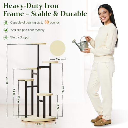 5 Tiers Black Plant Stand Indoor Tall Metal Wood Plant Shelf Outdoor Plant Stands Indoor Plant Table Rack Tiered Plant Stand Garden for Living Room Balcony Patio - RoundLight - color: BlackRoundLight, size: 5-tiers