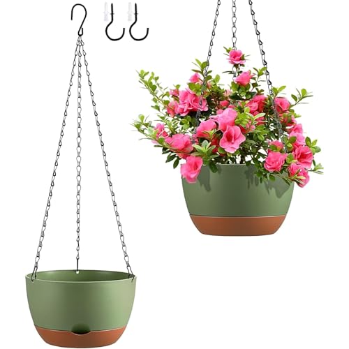 Set of 2 Hanging Planters for Indoor Outdoor Plants, 10 Inch Self-Watering Hanging Flower Pots with Drainage Hole & Removable Water-Storage Tray (Hooks) - color: Green, size: 10 Inch (M)