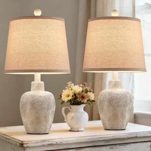 Rustic Farmhouse Table Lamps Set of 2 Small 21" Country Cottage Coastal Bedside Lamps with Retro White Finish for Bedroom or Living Room Nightstands (Bulbs Not Included) - color: Antique White
