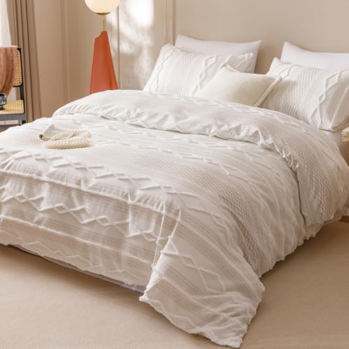 Wellboo Beige Tufted Jacquard Boho Comforter Set Queen Size Cream Khaki Bedding Set Shabby Chic All Season Quilt Women Men Oatmeal Farmhouse Embroidery Blanket Soft Adult Broken Line Wave Geometry Bed - color: 6-white, size: Queen-90"*90"