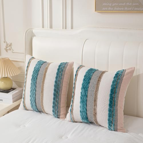 Boho Pillow Covers 18x18 Set of 2 for Couch-Modern Farmhouse Sofa Decorative Teal Throw Pillow Covers Textured Chenille Cushion Covers Outdoor Netural Bohemian Pillow Cases Square - color: Teal Stripe