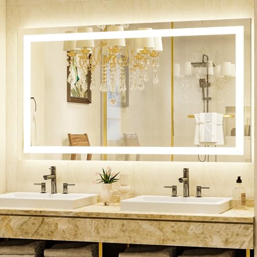 XRAMFY 48'' x 32'' LED Bathroom Mirror with Lights, Wall Mirror with Front and Backlight, 3 Colors Vanity Mirror with Lights, Anti-Fog Wall Mirror for Bathroom - size: 48"L x 32"W