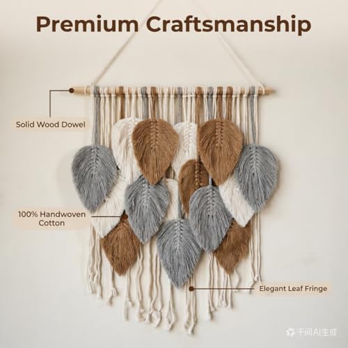 Jditngp Macrame Leaf Wall Hanging Boho Woven Tapestry,Vertical Large Wall Decor Tassels Grey brown Hand Woven Leaf Feather Pendants Nordic Wall Art for Bedroom Living Room Apartment 23.6" WX31.5 L - color: grey15