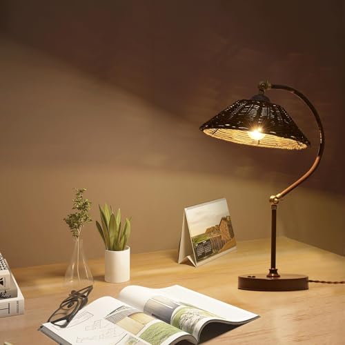 2 Pack Woven Rattan Table Lamp, Boho Plug in Handmade Rattan Shade & Anti-Rust Iron Base Desk Lamp, Plug & Play Vintage Dark Brown Bedside Lamp for Living Room, Office, Bedroom 【Bulb Included】