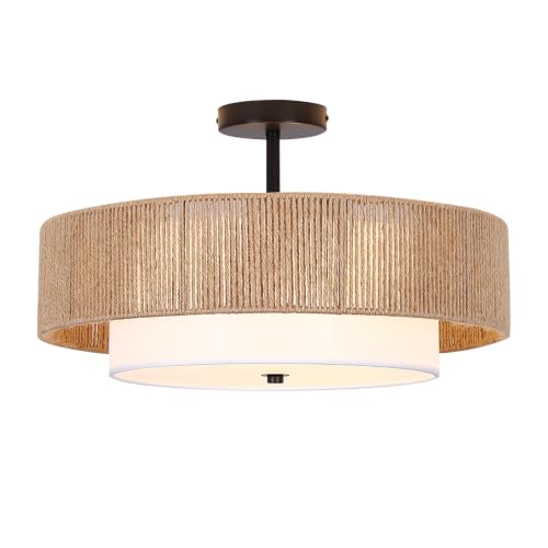 Bohemian Wicker Flush Mount Ceiling Light, 19.7" Double Drum Jute Rope Farmhouse Hanging Pendant Light Fixture, Hand-Woven Semi-Flush Mount Design for Bedroom, Living Room, Dining Room & Entryway - color: 19.7'' Hemp rope&Fabric Gold