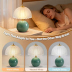 PARTPHONER Mushroom Table Lamp, Ceramic Bedside Lamp with Glass Shade, 3-Way Lighting (2700K-5000K) Rocker Switch, Small Nightstand Lamp for Bedroom, Living Room, Office, Green - color: Green