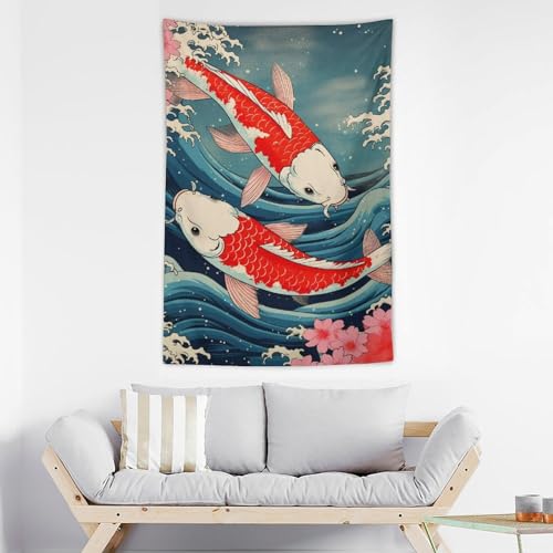 QEOPGNE Large Wall Tapestry Koi Fish Japanese Great Waves Cherry Blossom Retro Large Tapestry Wall Decor for Bedroom Aesthetic Living Room Decor for Men And Woman 40""x60"", style - color: Style, size: 60"L x 40"W