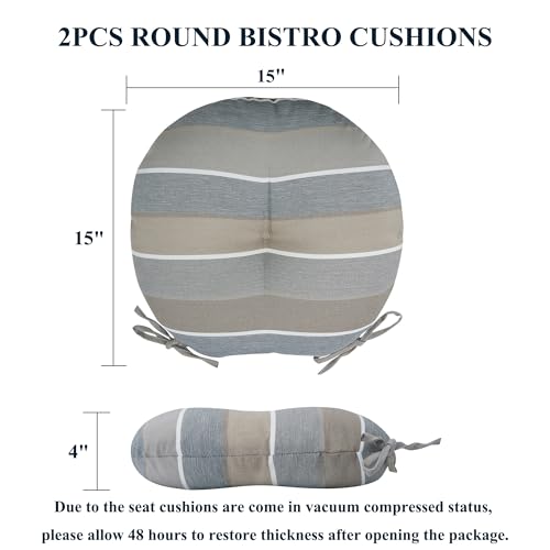 FUNHOME 15"x15"x4" Bistro Chair Cushion Set of 2, Water Repellent Round Outdoor Chair Cushions with Ties, Patio Tufted Chair Pads for Home Garden (Grey Stripe) - color: Grey Stripe