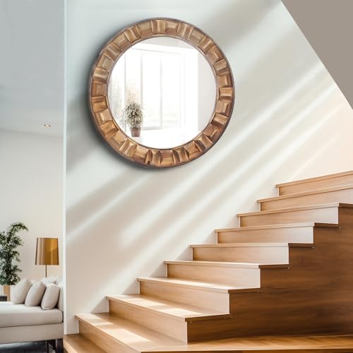 36 Inch Large Round Solid Wood Wall Mirror - Rustic Farmhouse Dark Brown Wooden Circle Mirror for Bathroom, Living Room, Entryway & Wall Decor - color: A1 - Round - 36x36 in
