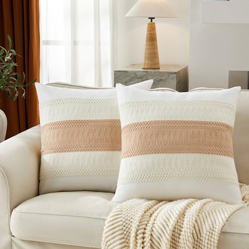 Soft Cotton Boho Throw Pillow Covers Set of 2, Natural White/Contrast Beige 22x22 Inch, Beige Farmhouse Decorative Cushion Covers for Sofa Bed Living Room Home Decor - color: Natural White/Contrast/Beige, size: 22" x 22" (Pack of 2)