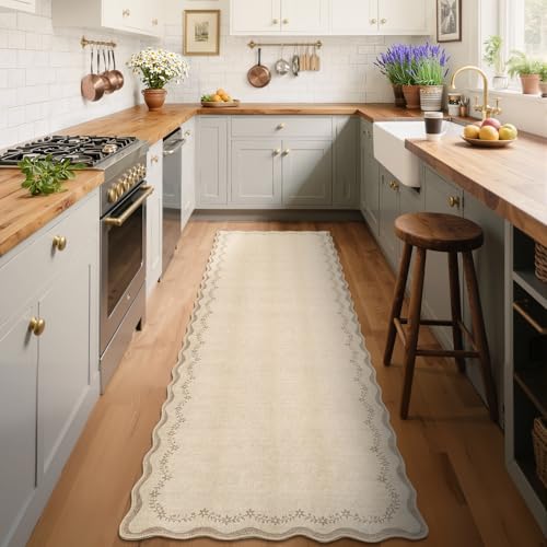 GarveeHome 2x6 Scalloped Washable Runner Rug for Kitchen, Soft Tan Jute Hallway Runner Non Slip Entryway Rug Farmhouse Thin Laundry Mat Stain Resistant Carpet for Bedroom Bathroom Beside Rug - color: Jute, size: 2' x 6' (Rectangular)