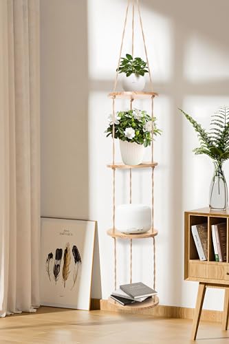 Hemp Rope Hanging Plant Shelf from Ceiling for Narrow Space or window Boho Hanging plant Shelves, Natural Pine Wooden Plant Stand Display for Indoor, Outdoor, Corner, Balcony, Living Room and Bedroom - color: Brown